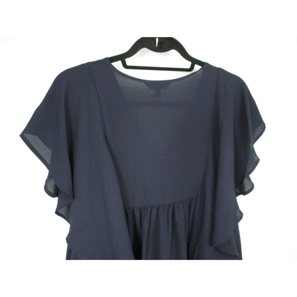Express Button Front Sheer Sleeveless Navy Blue Blouse Womens L Ruffled - Picture 7 of 14
